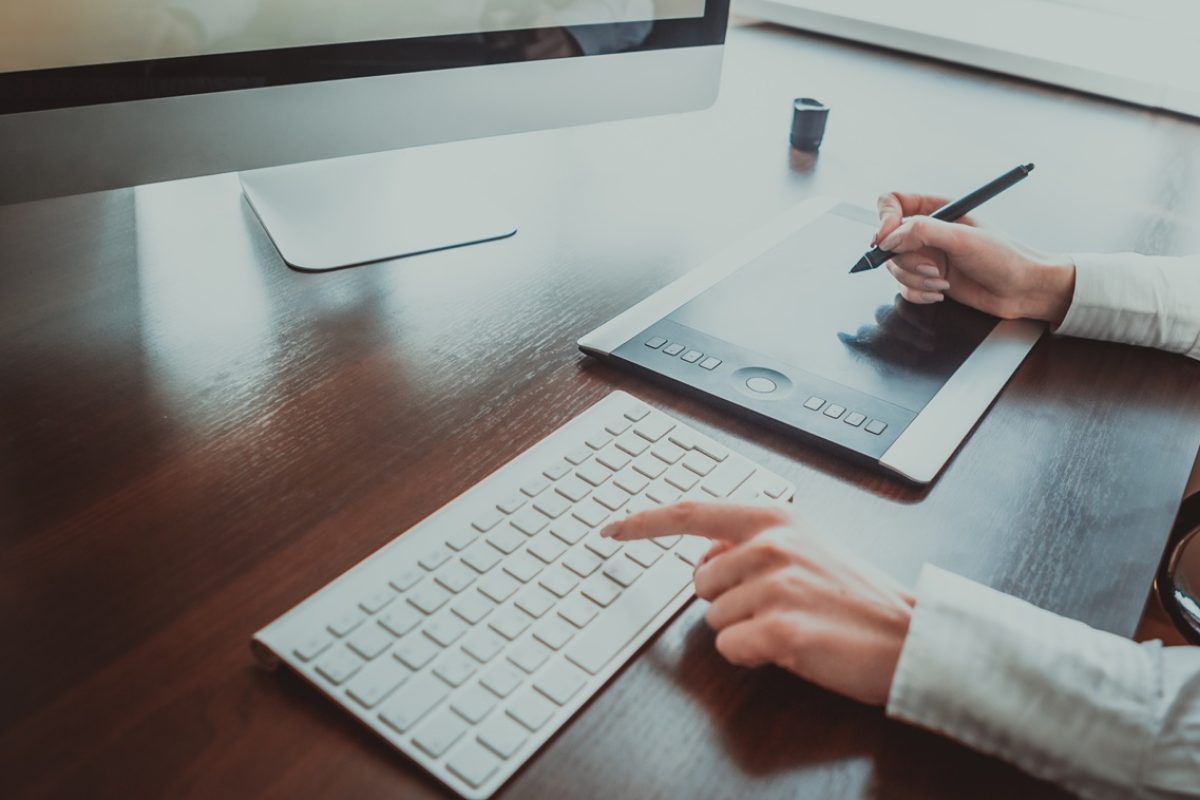 Stylish workspace with computer  on home or studio